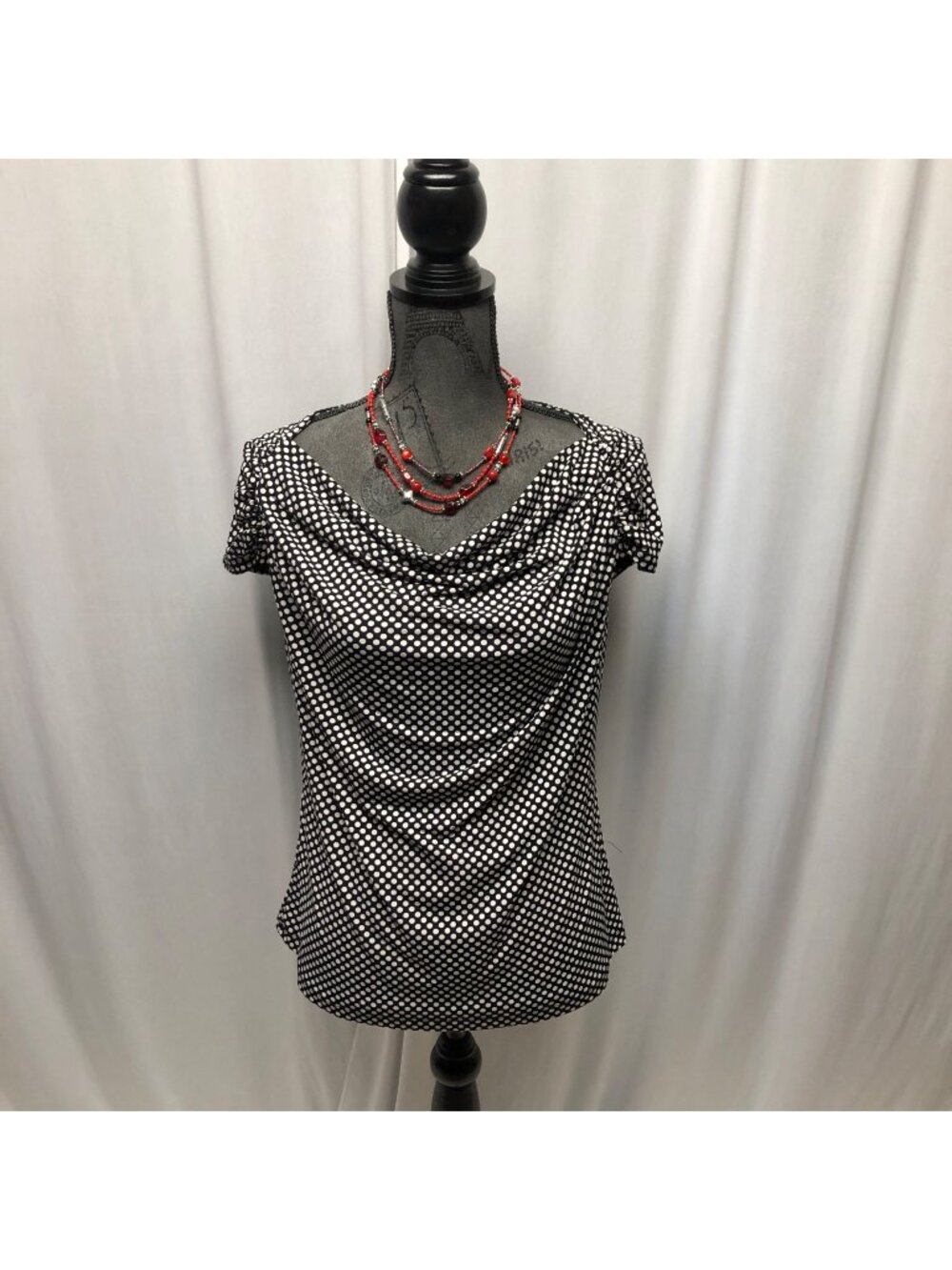 Worthington Black White Polka Dot Stretch Top Womens Size Medium Cowl Neckline